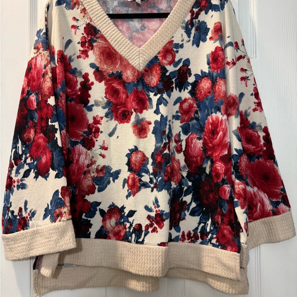 White Birch Floral V-Neck Sweater - Red and Blue